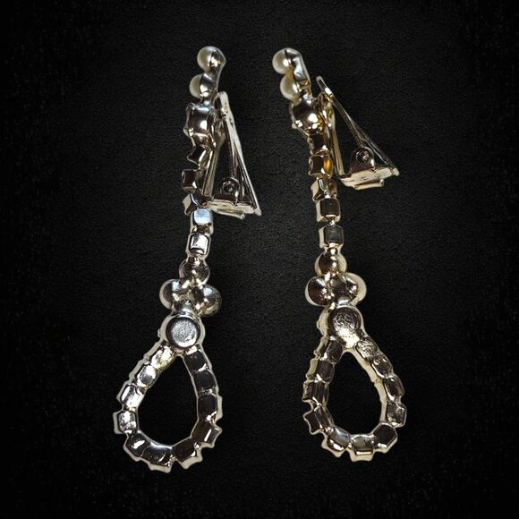 Vintage Pearl & Rhinestone Clip-On Dangle Earrings Sparkly Long Statement - Picture 3 of 6